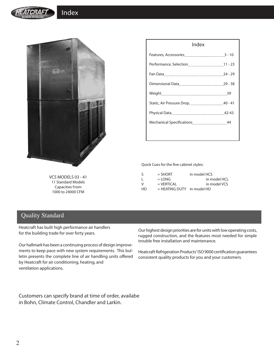 Index, Quality standard | Heatcraft Refrigeration Products HCS User Manual | Page 2 / 44