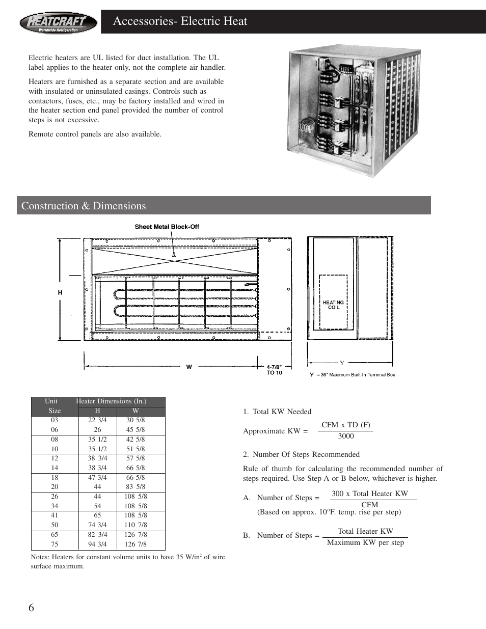 Accessories- electric heat, Construction & dimensions | Heatcraft Refrigeration Products HCS User Manual | Page 6 / 44