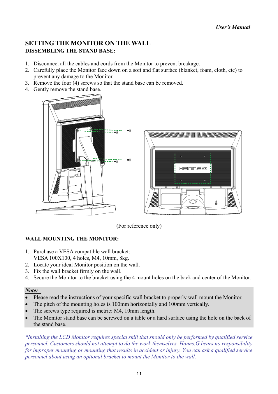 Setting the monitor on the wall | Hanns.G HP191 User Manual | Page 11 / 25