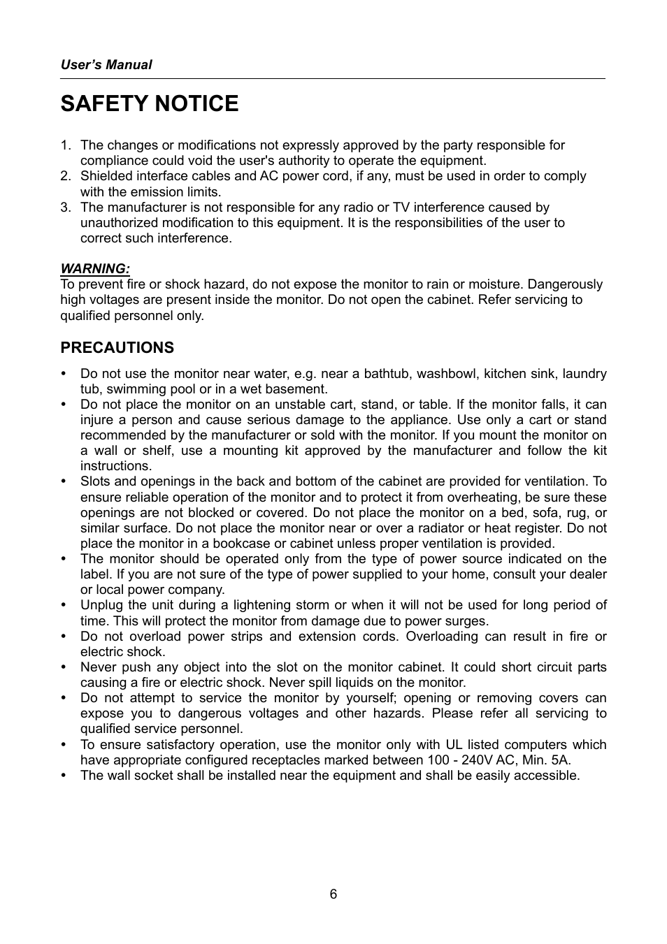 Safety notice, Precautions | Hanns.G HW223 User Manual | Page 6 / 22