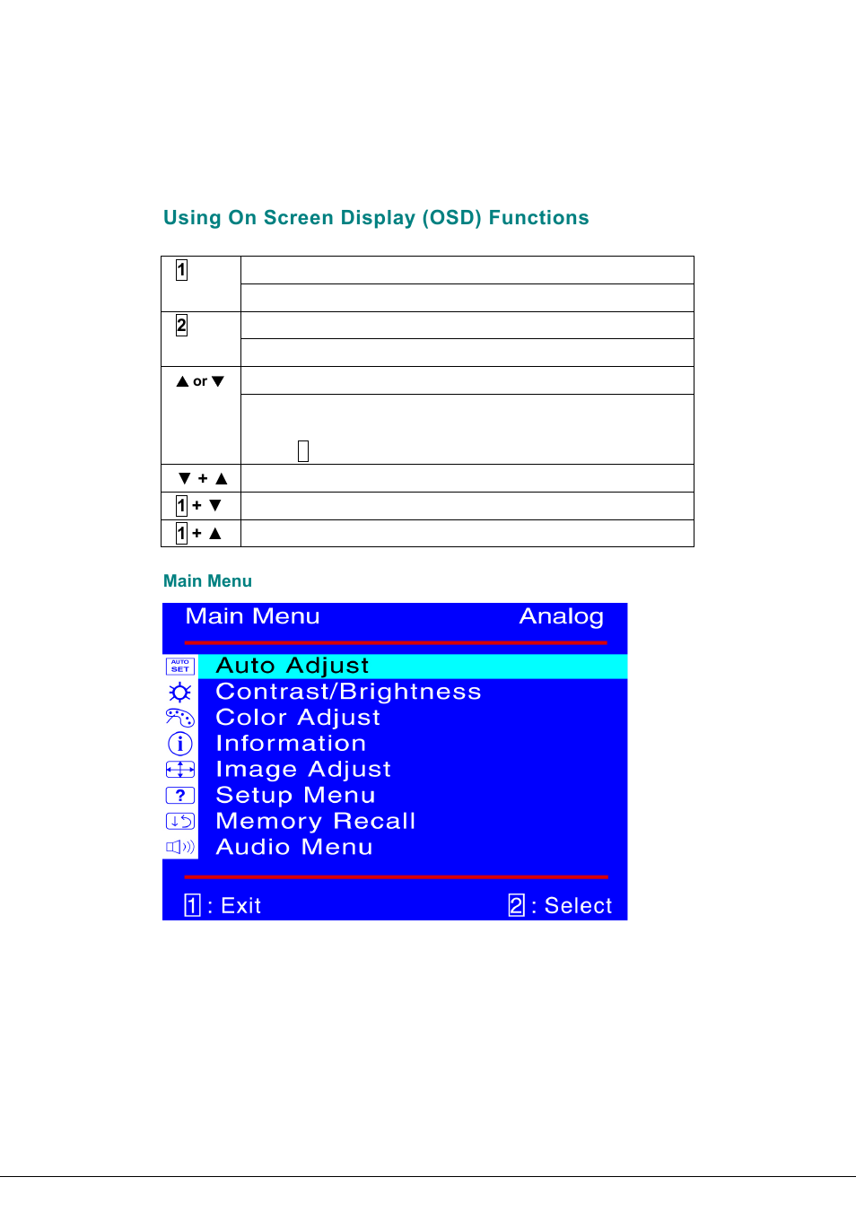 Using on screen display (osd) functions, Main menu | Hanns.G JW199D User Manual | Page 12 / 18