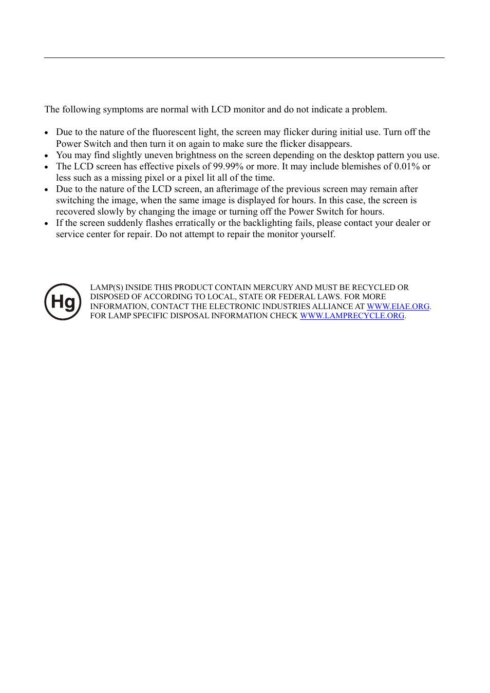 Special notes on lcd monitors, Lamp disposal | Hanns.G HSG 1041 User Manual | Page 7 / 23