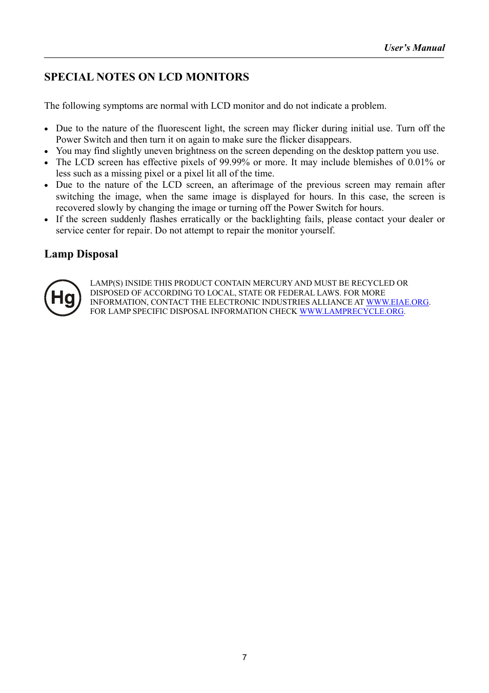 Special notes on lcd monitors, Lamp disposal | Hanns.G HG216 User Manual | Page 7 / 22