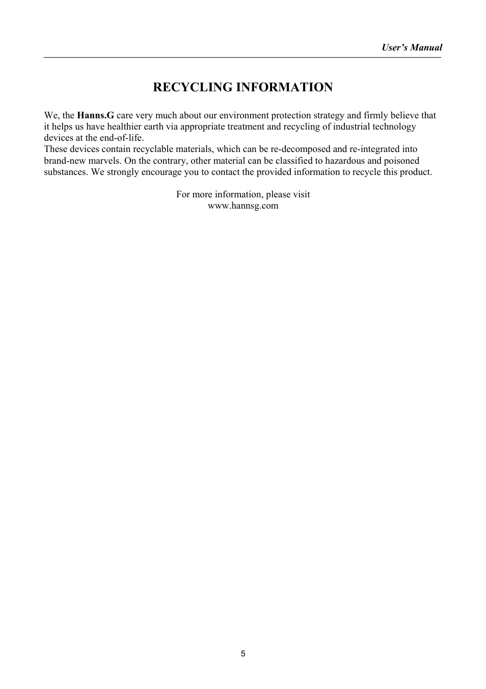 Recycling information | Hanns.G JW197D User Manual | Page 5 / 22