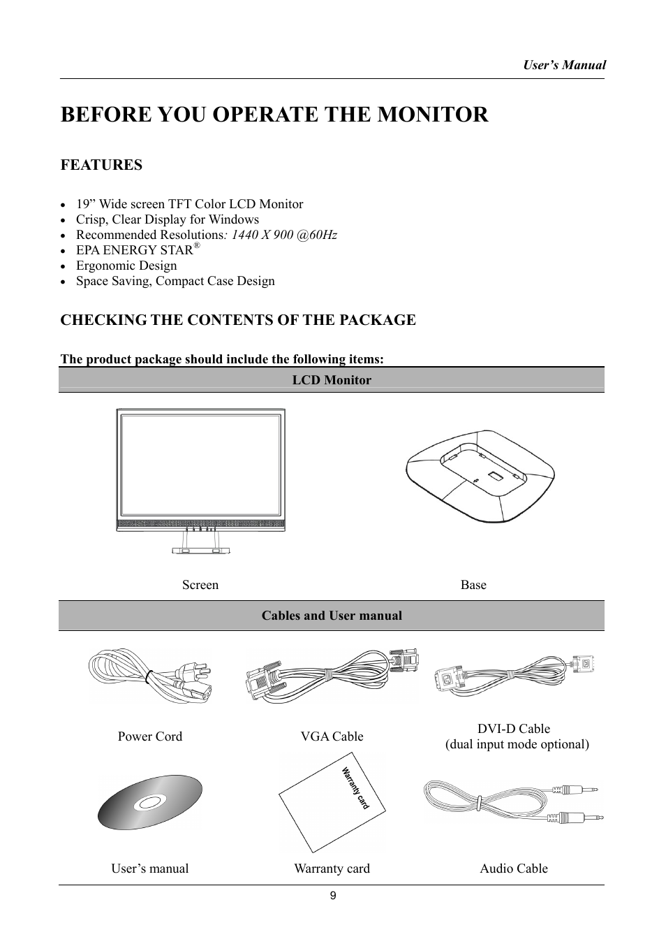 Before you operate the monitor, Features, Checking the contents of the package | Hanns.G JW197D User Manual | Page 9 / 22