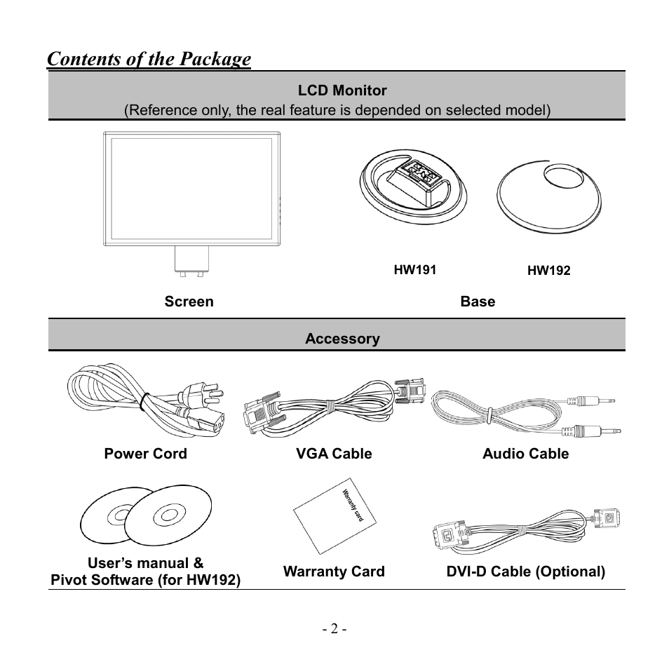 Contents of the package, Lcd monitor, Accessory | Pivot software (for hw192) | Hanns.G HW192 User Manual | Page 3 / 18