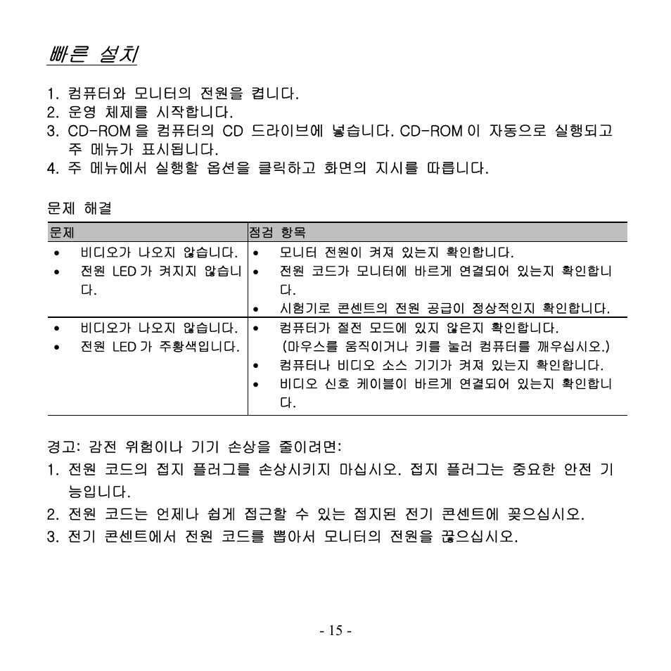 점검 항목, 빠른 설치 | Hanns.G HH191 User Manual | Page 17 / 18