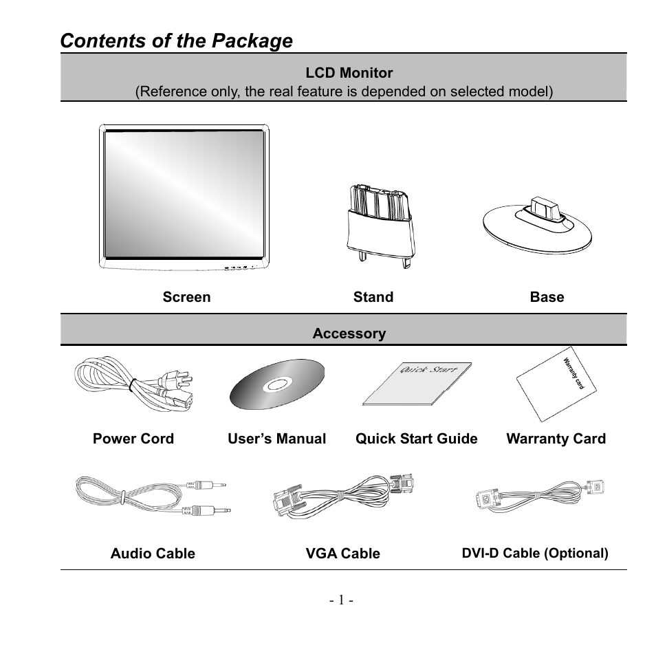 Contents of the package, Lcd monitor, Accessory | Quick start guide | Hanns.G HH191 User Manual | Page 3 / 18