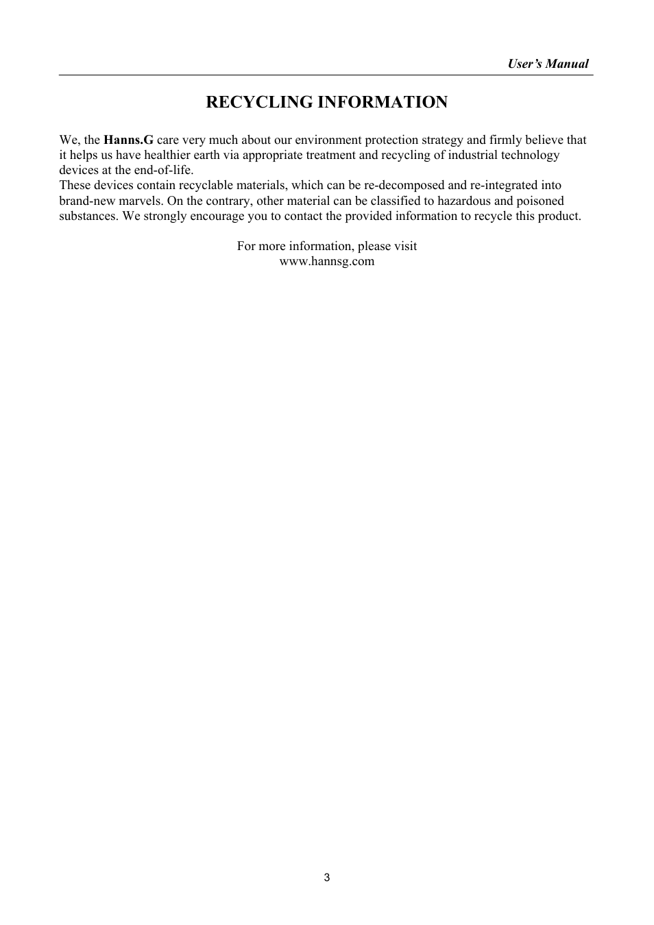 Recycling information | Hanns.G HL221 User Manual | Page 3 / 22
