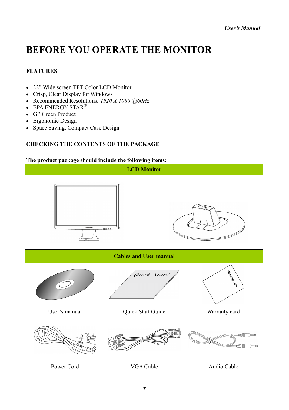 Before you operate the monitor, Features, Checking the contents of the package | Hanns.G HH221 User Manual | Page 7 / 23