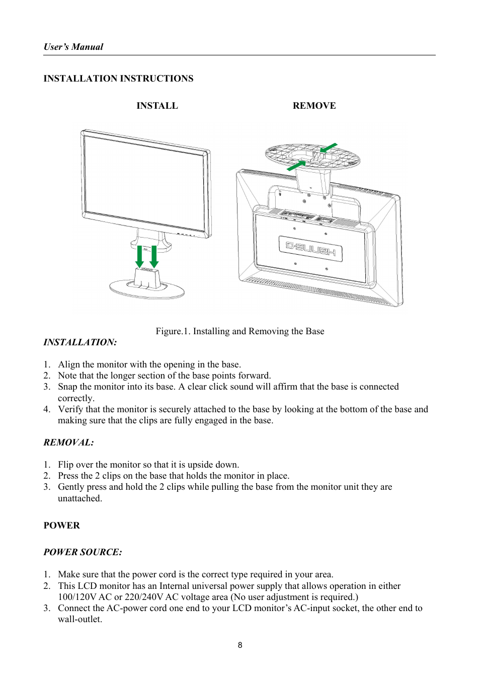 Installation instructions, Power | Hanns.G HH221 User Manual | Page 8 / 23