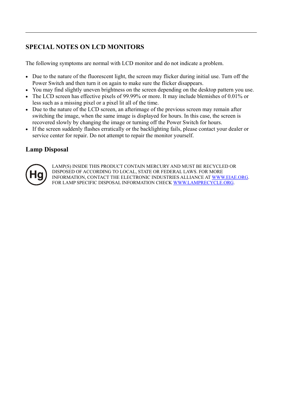 Special notes on lcd monitors, Lamp disposal | Hanns.G HSG 1070 User Manual | Page 6 / 22