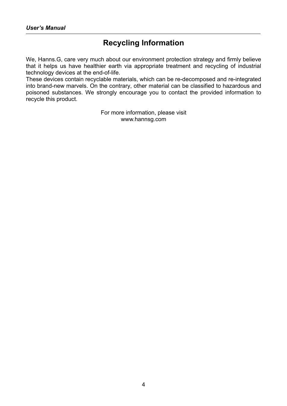 Recycling information | Hanns.G HW222 User Manual | Page 4 / 22