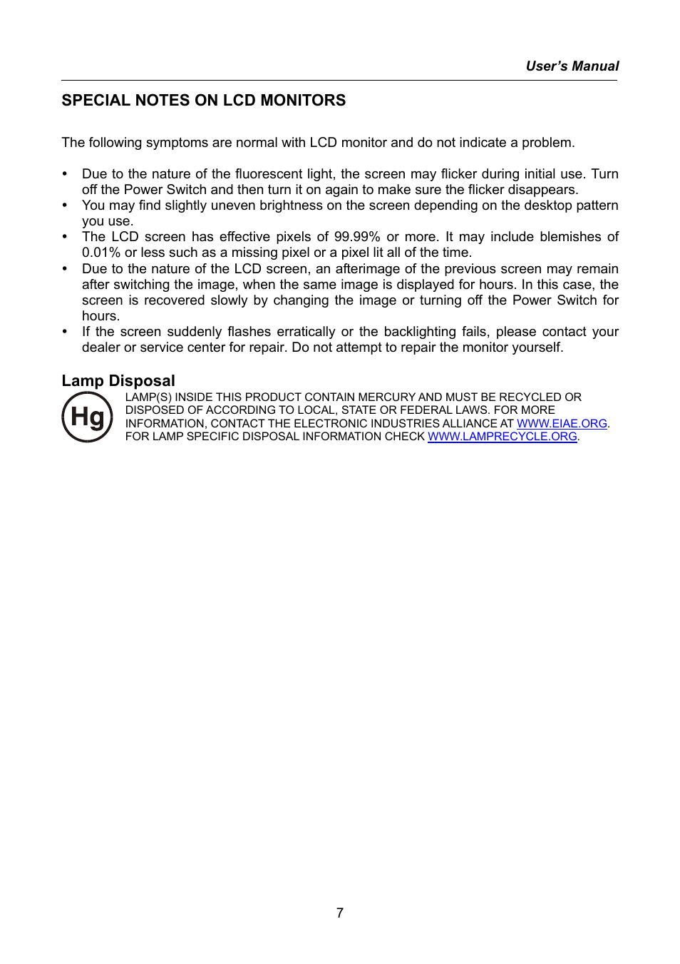 Special notes on lcd monitors, Lamp disposal | Hanns.G HW222 User Manual | Page 7 / 22
