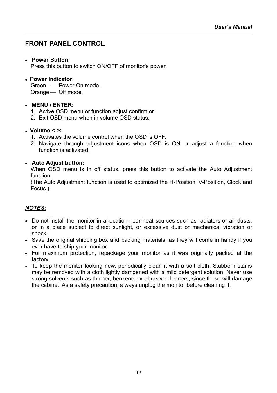 Front panel control | Hanns.G TFT LCD Monitor User Manual | Page 13 / 22