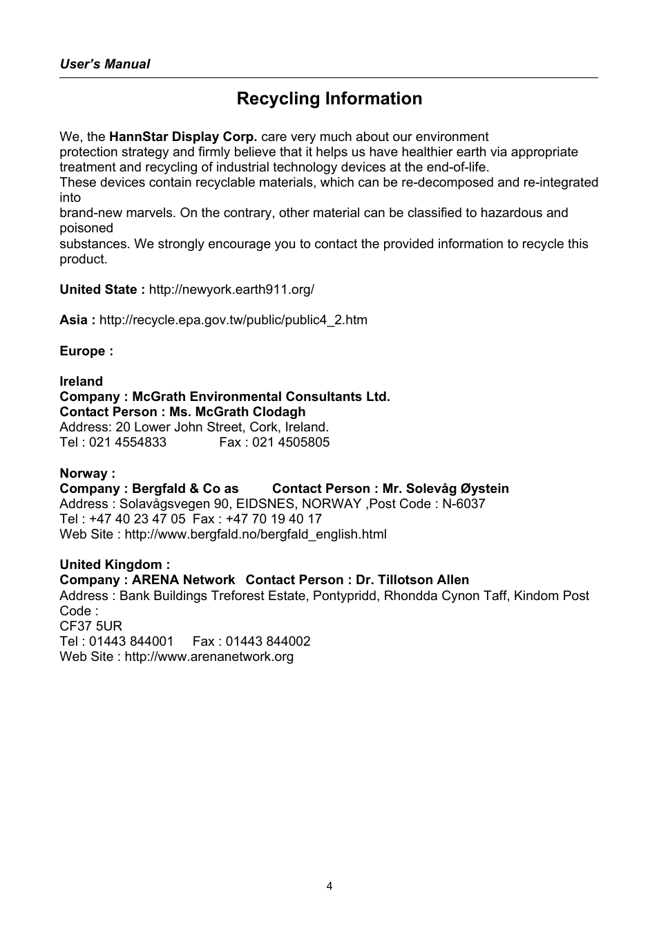 Recycling information | Hanns.G TFT LCD Monitor User Manual | Page 4 / 22