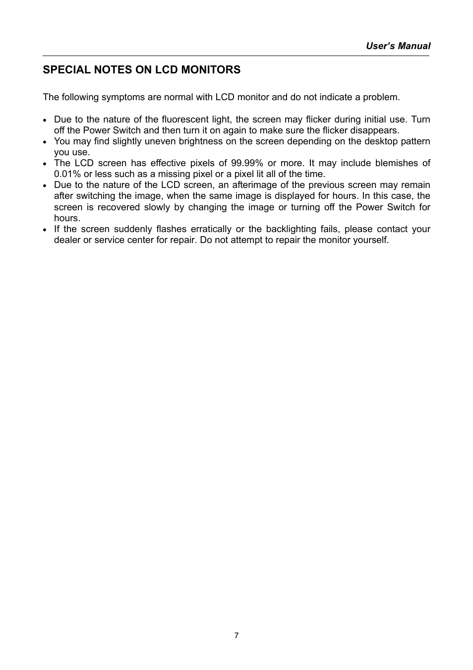 Special notes on lcd monitors | Hanns.G TFT LCD Monitor User Manual | Page 7 / 22