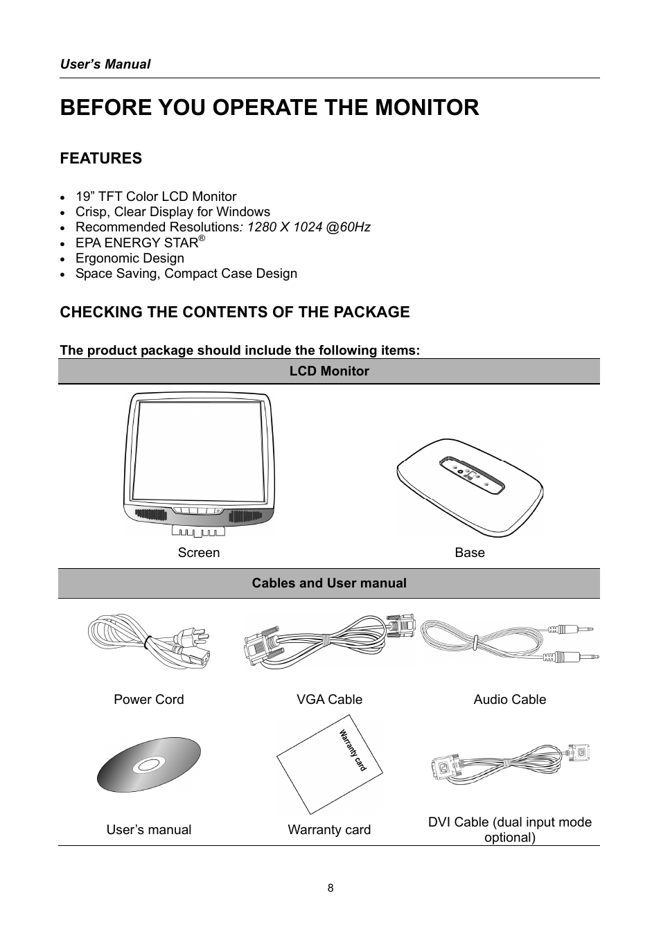 Before you operate the monitor, Features, Checking the contents of the package | Hanns.G TFT LCD Monitor User Manual | Page 8 / 22