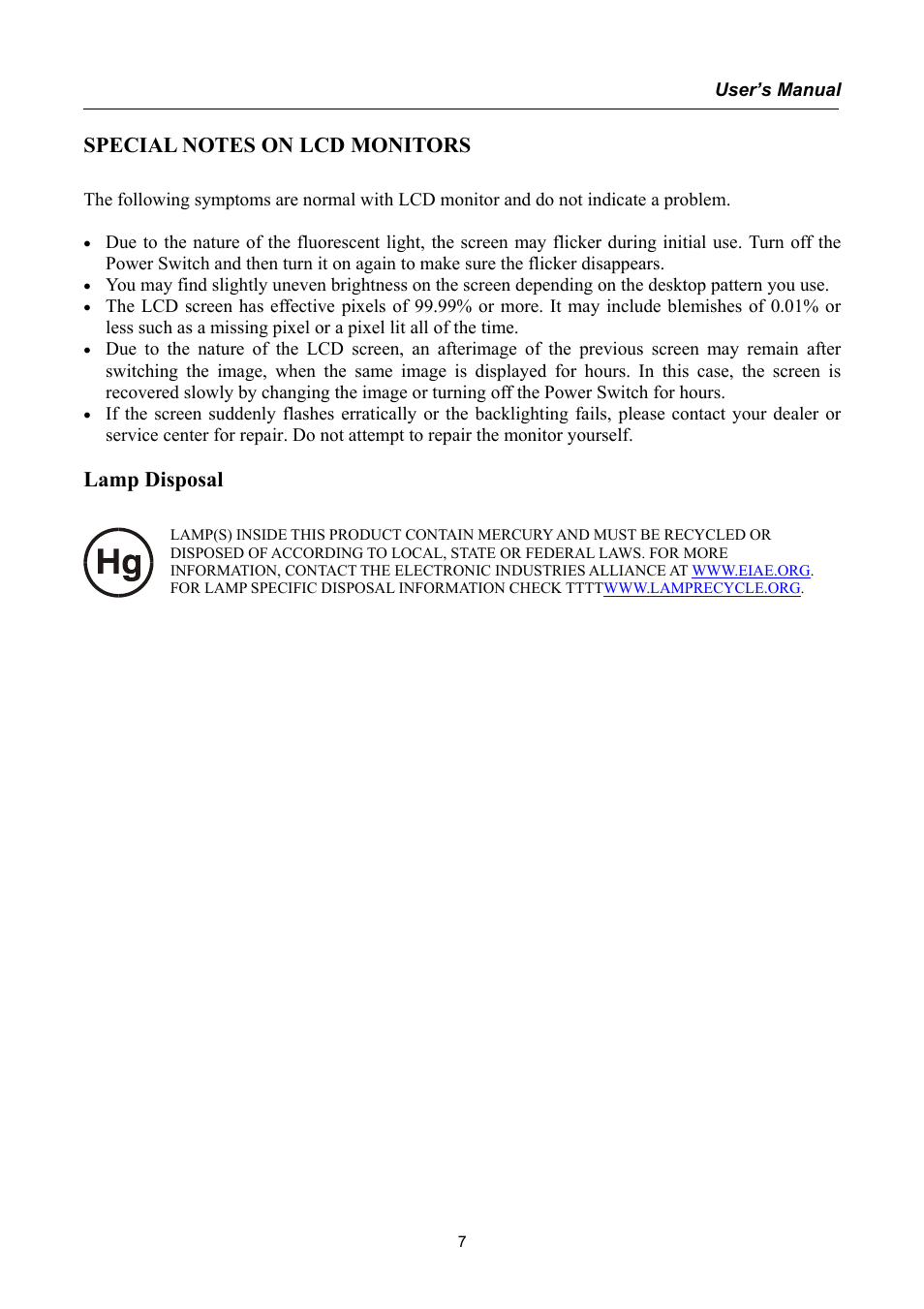 Special notes on lcd monitors, Lamp disposal | Hanns.G HSG1040 User Manual | Page 7 / 22