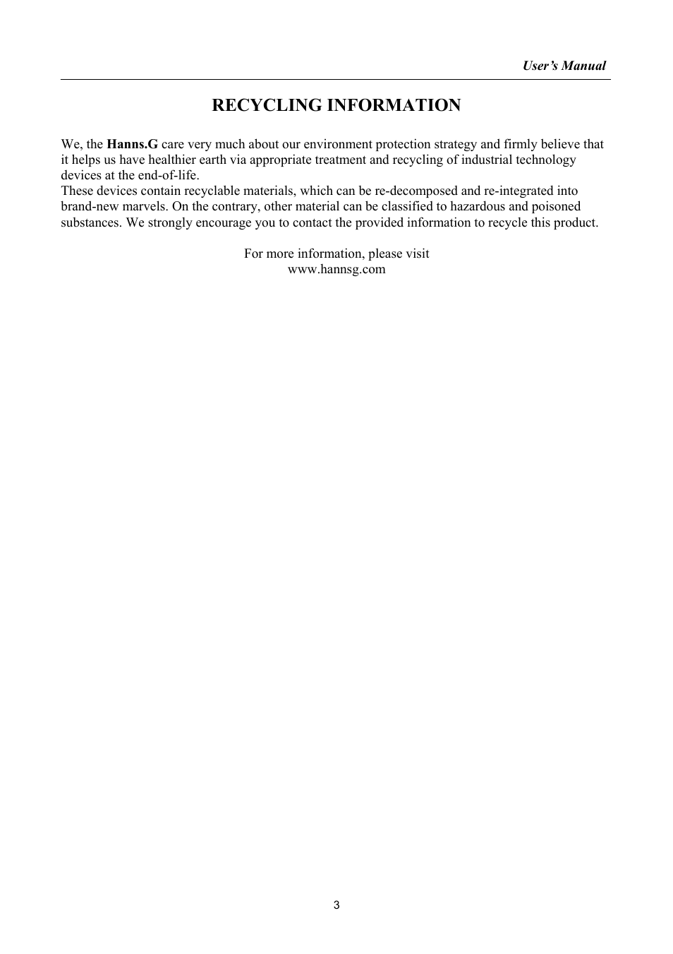 Recycling information | Hanns.G HSG 1065 User Manual | Page 3 / 21