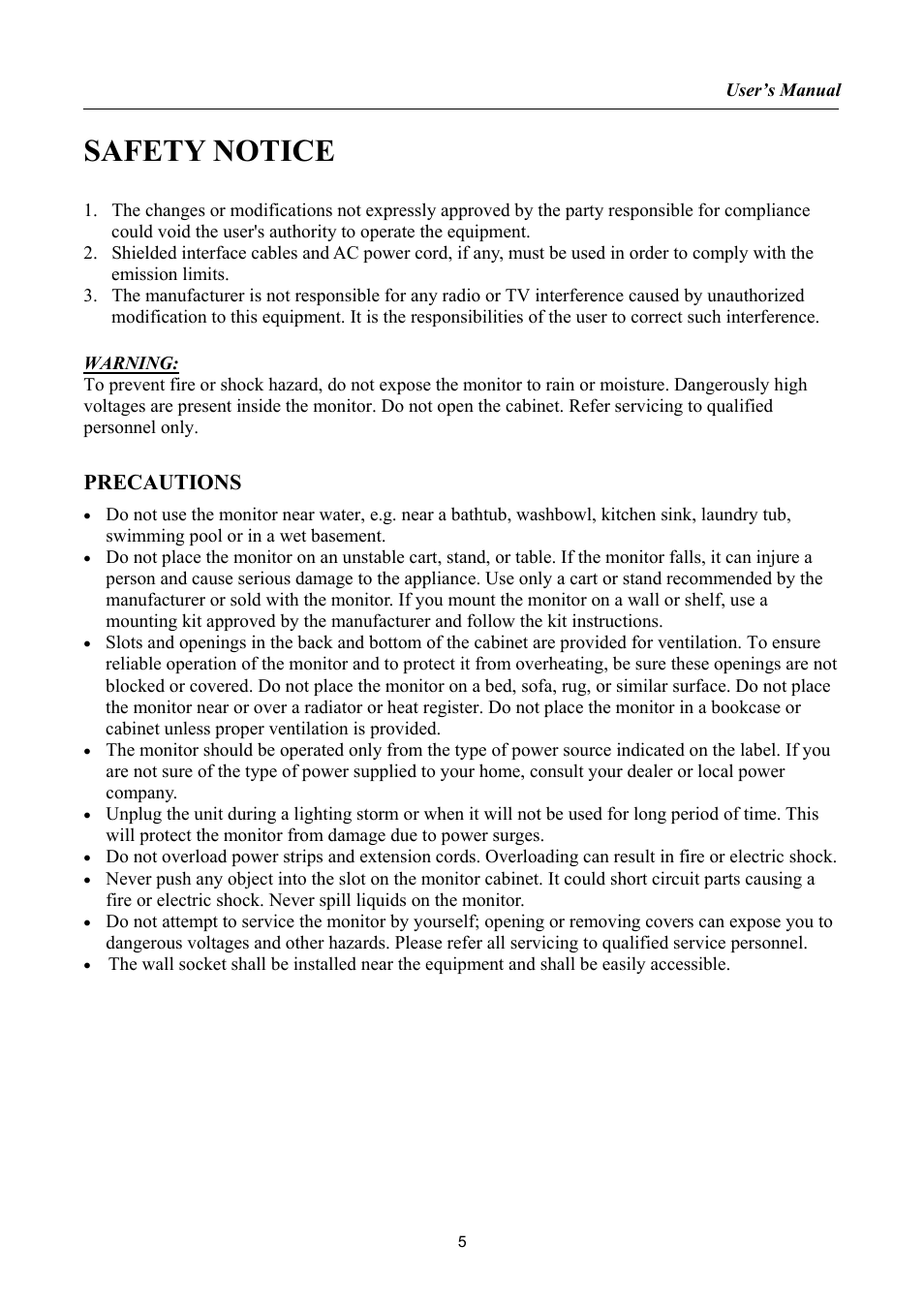 Safety notice, Precautions | Hanns.G HSG1034 User Manual | Page 5 / 21