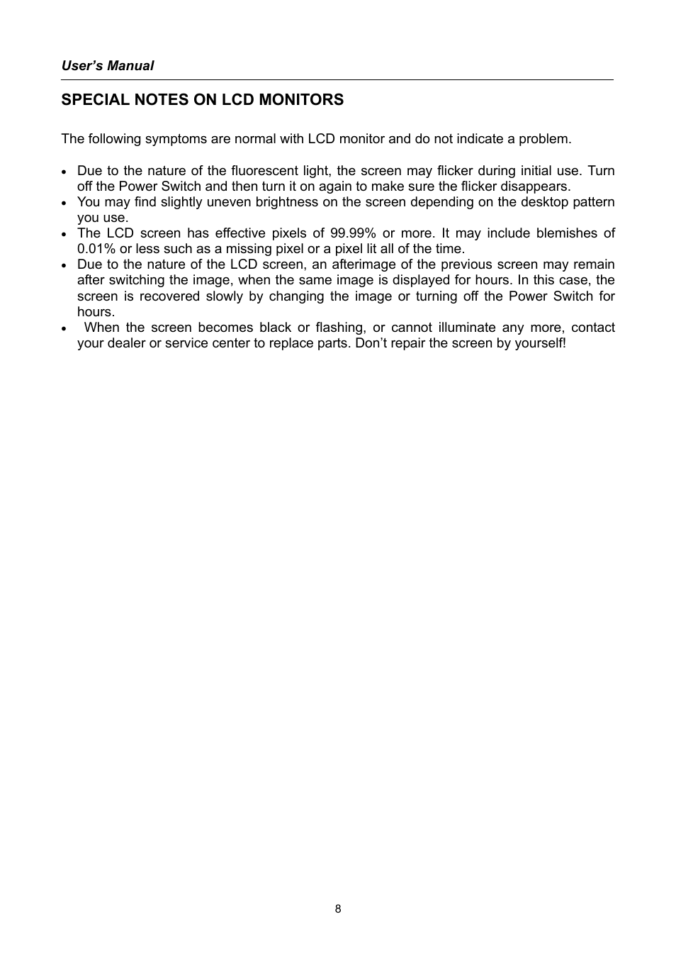 Special notes on lcd monitors | Hanns.G HU171D User Manual | Page 8 / 23