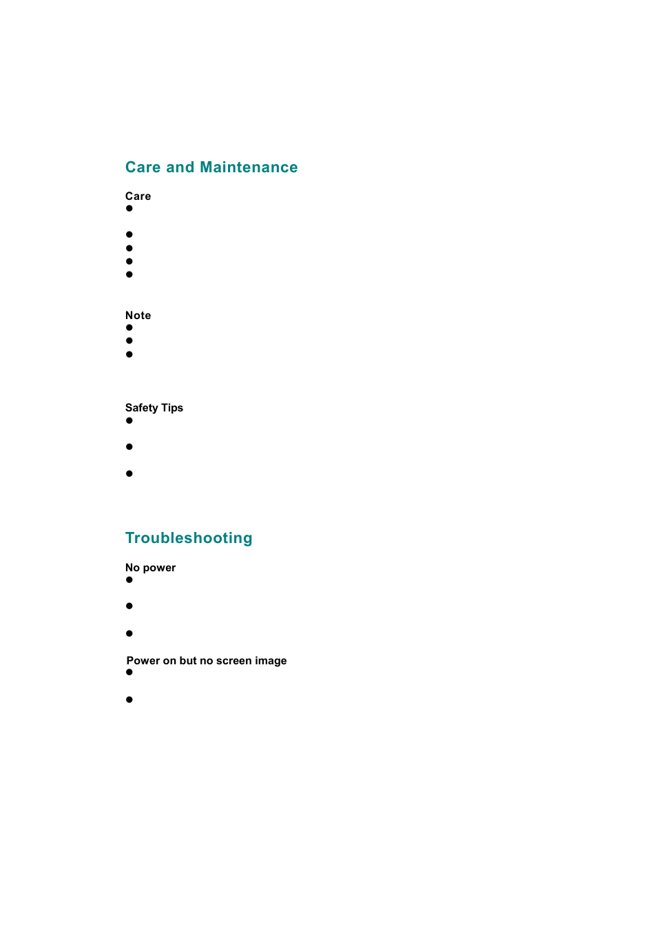 Care and maintenance, Care, Note | Troubleshooting | Hanns.G JG171A User Manual | Page 15 / 16