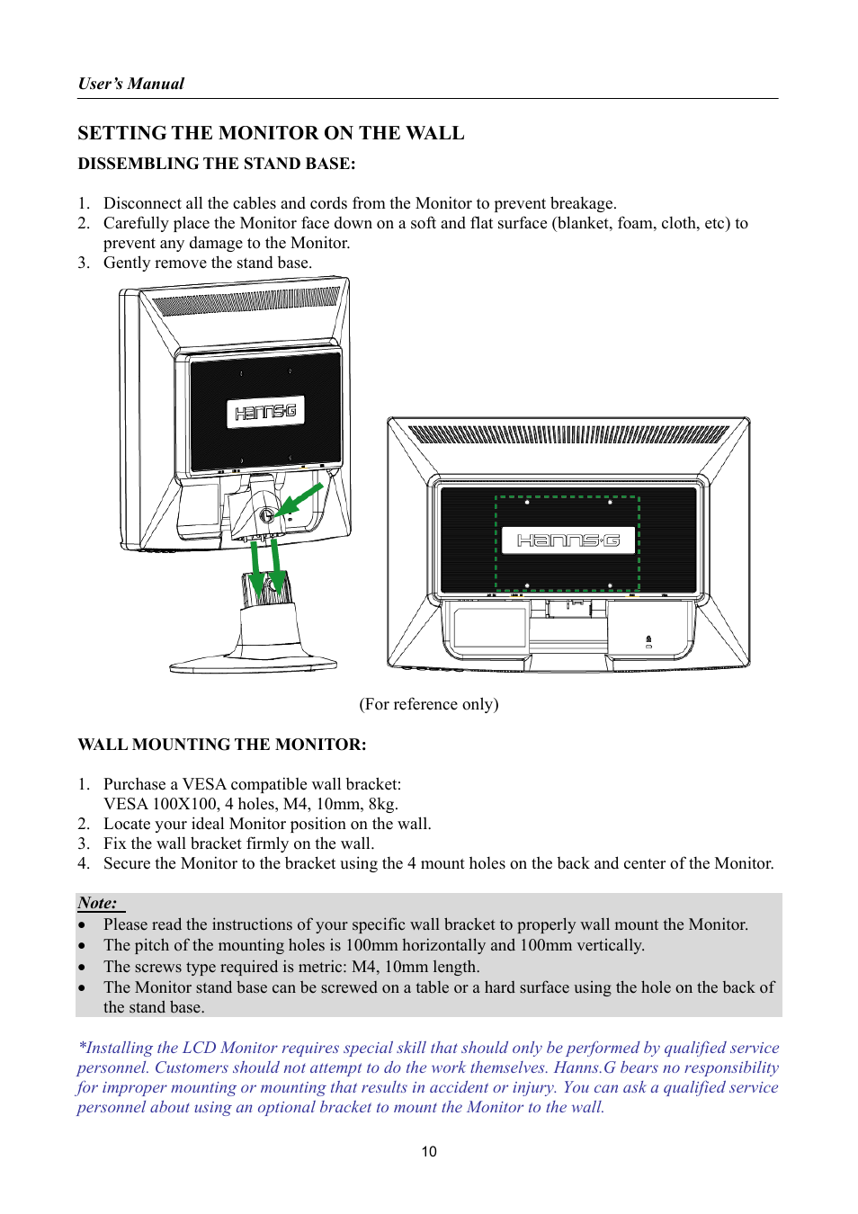 Setting the monitor on the wall | Hanns.G HA222 User Manual | Page 10 / 24