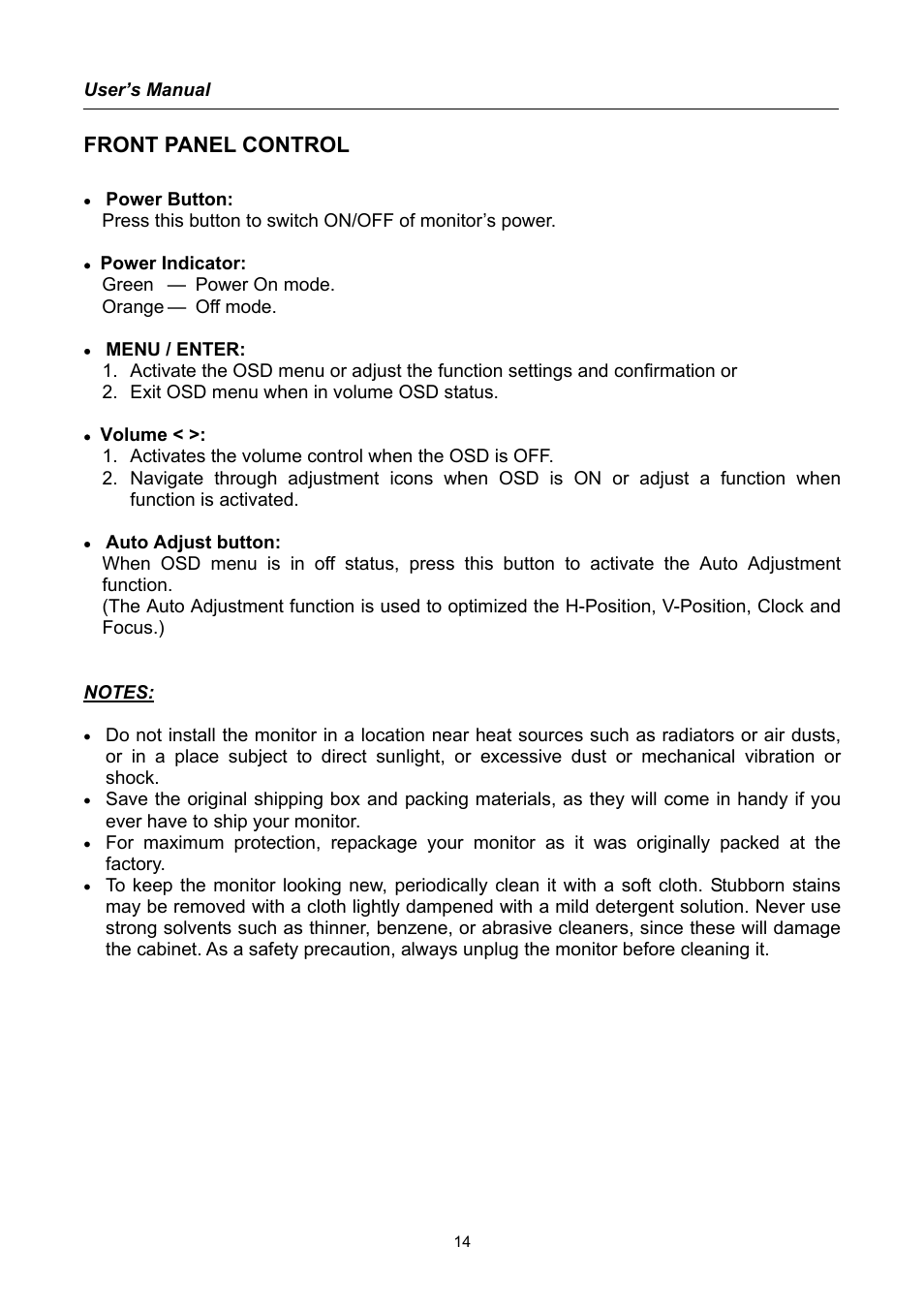 Front panel control | Hanns.G AG172 User Manual | Page 14 / 23