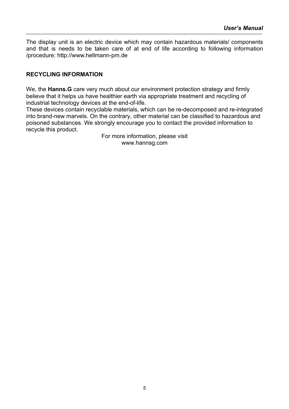 Recycling information | Hanns.G AG172 User Manual | Page 5 / 23