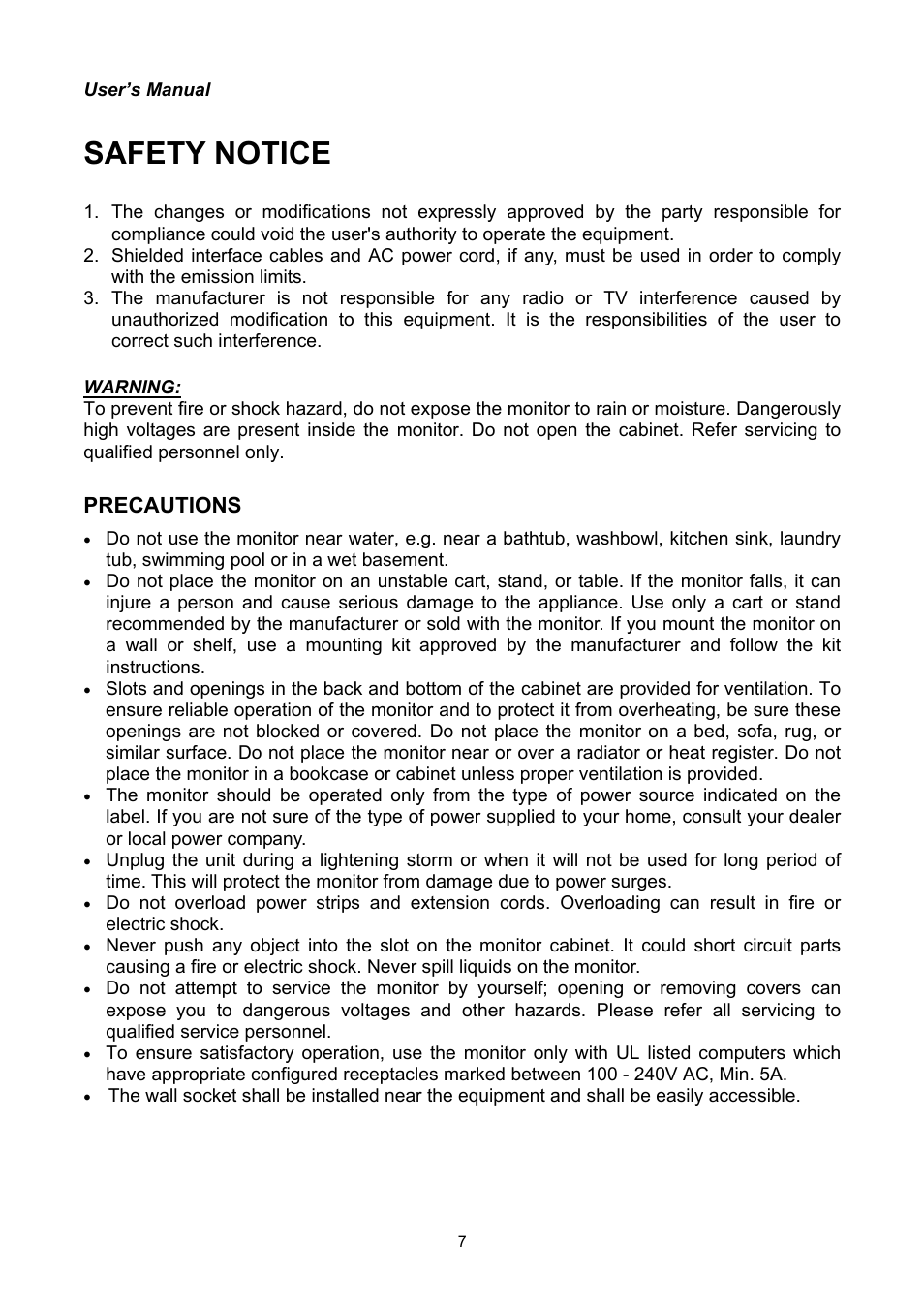 Safety notice, Precautions | Hanns.G AG172 User Manual | Page 7 / 23