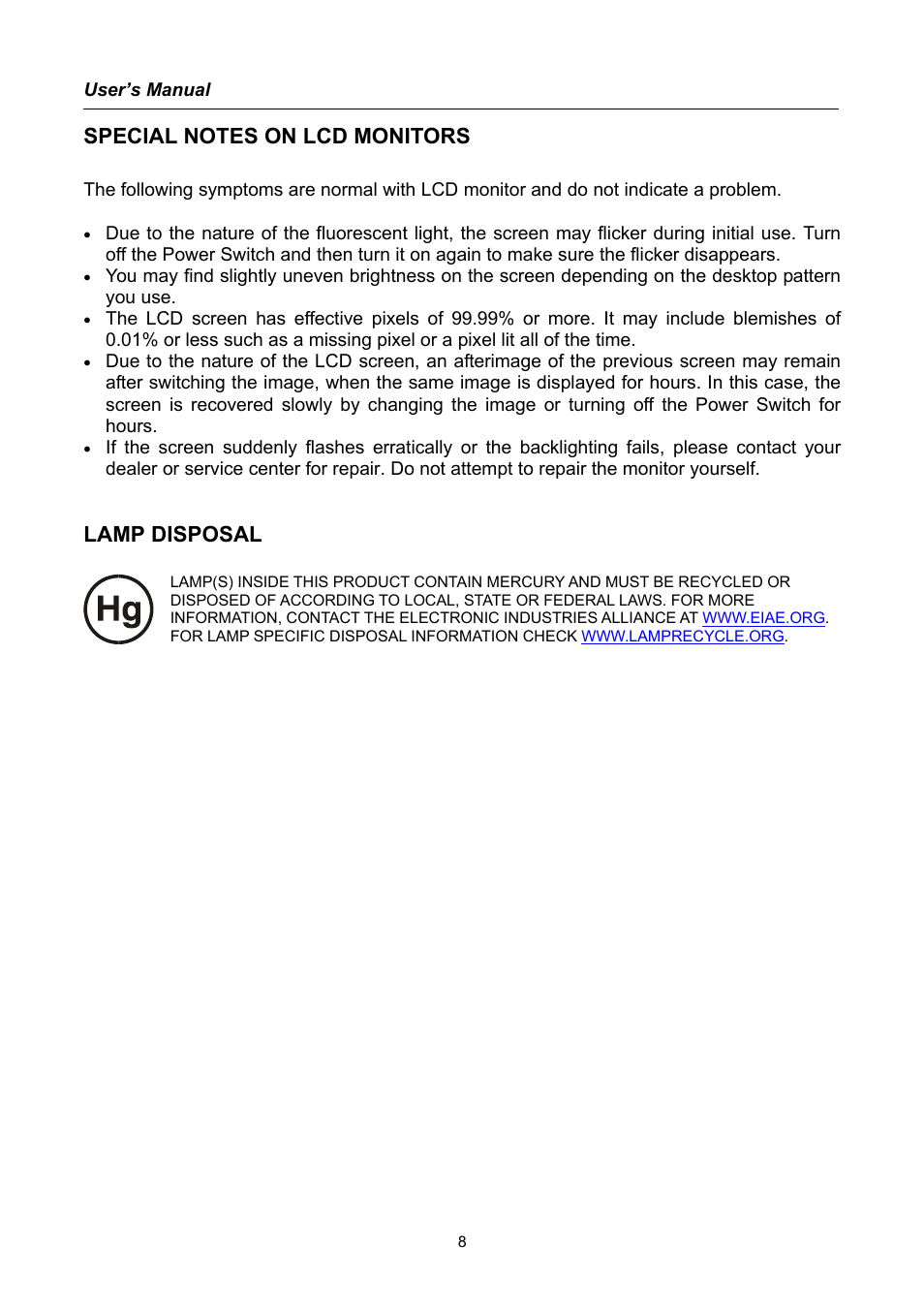 Special notes on lcd monitors, Lamp disposal | Hanns.G AG172 User Manual | Page 8 / 23