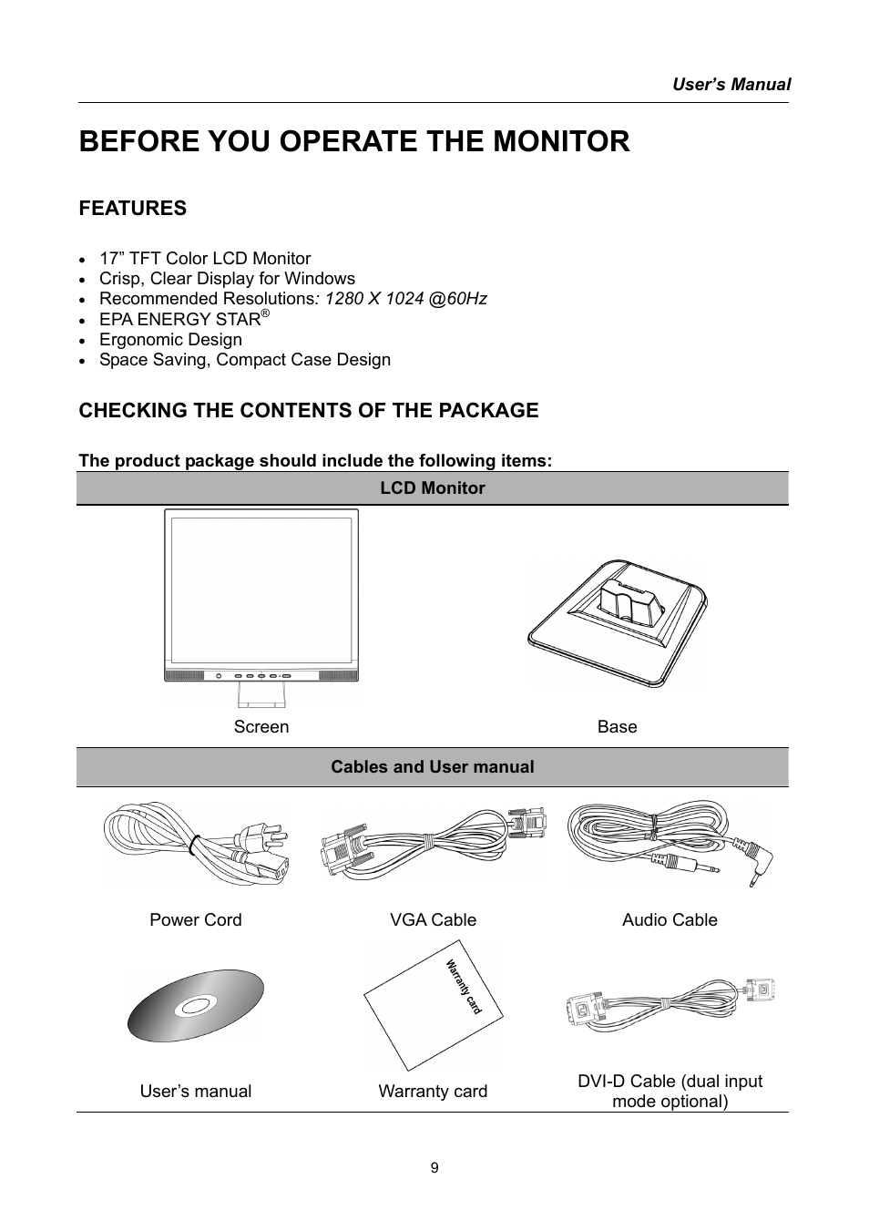 Before you operate the monitor, Features, Checking the contents of the package | Hanns.G AG172 User Manual | Page 9 / 23