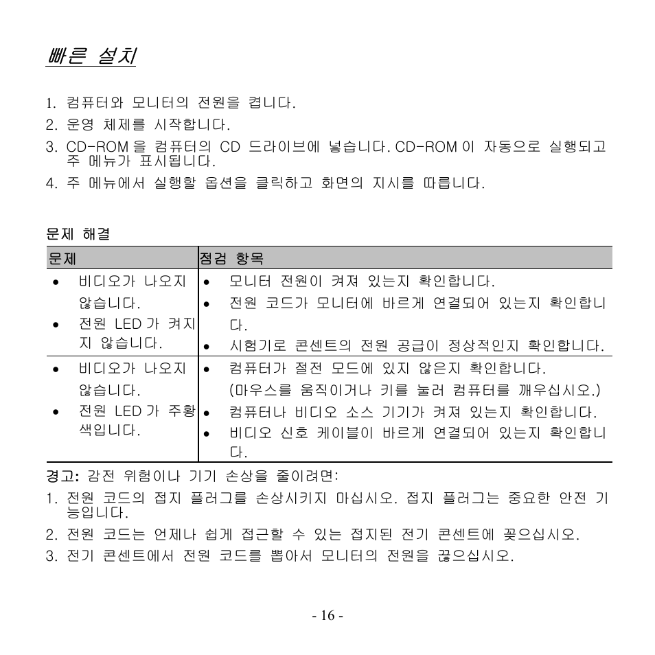 점검 항목, 빠른 설치 | Hanns.G HX Series User Manual | Page 17 / 17