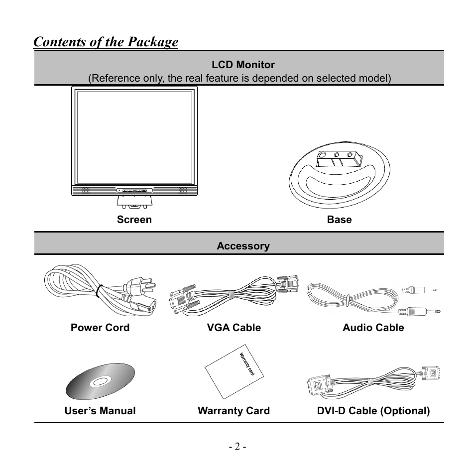 Contents of the package, Lcd monitor, Accessory | Hanns.G HX Series User Manual | Page 3 / 17