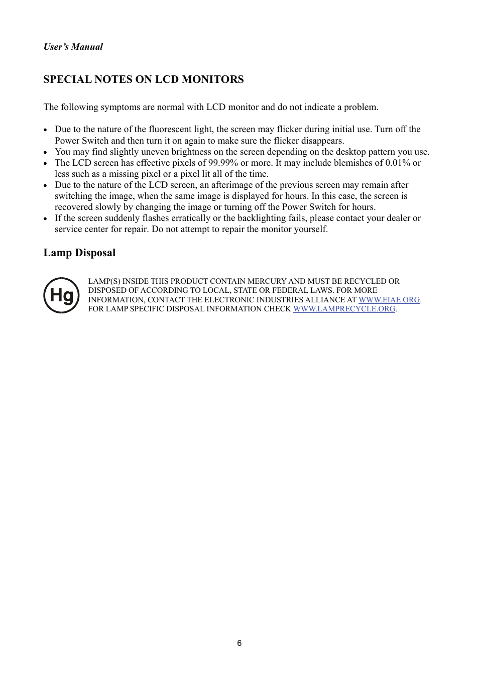 Special notes on lcd monitors, Lamp disposal | Hanns.G LCD DISPLAY HH251 User Manual | Page 6 / 21