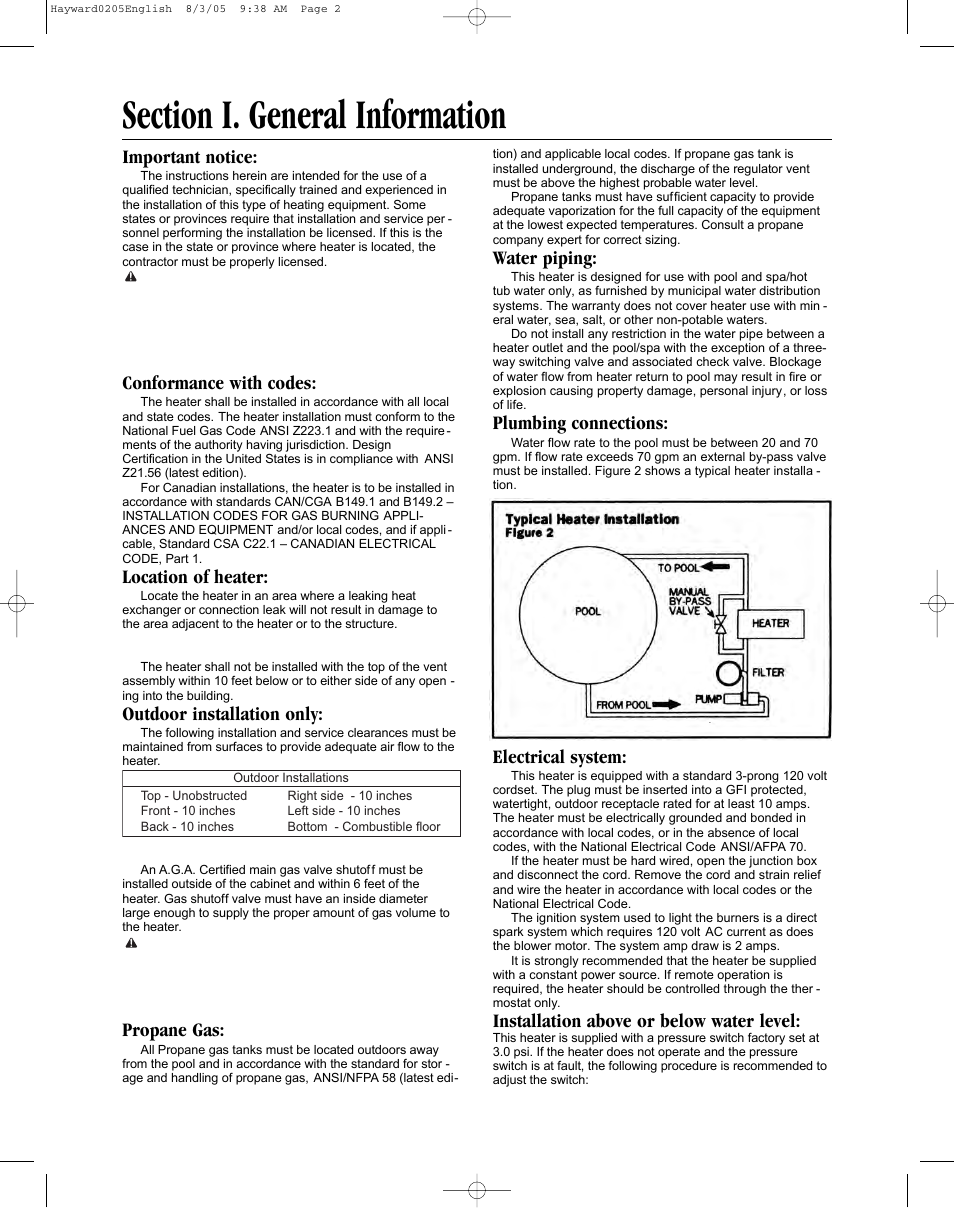 Important notice, Conformance with codes, Location of heater | Outdoor installation only, Propane gas, Water piping, Plumbing connections, Electrical system, Installation above or below water level | Hayward Pools ABG1001 User Manual | Page 2 / 8