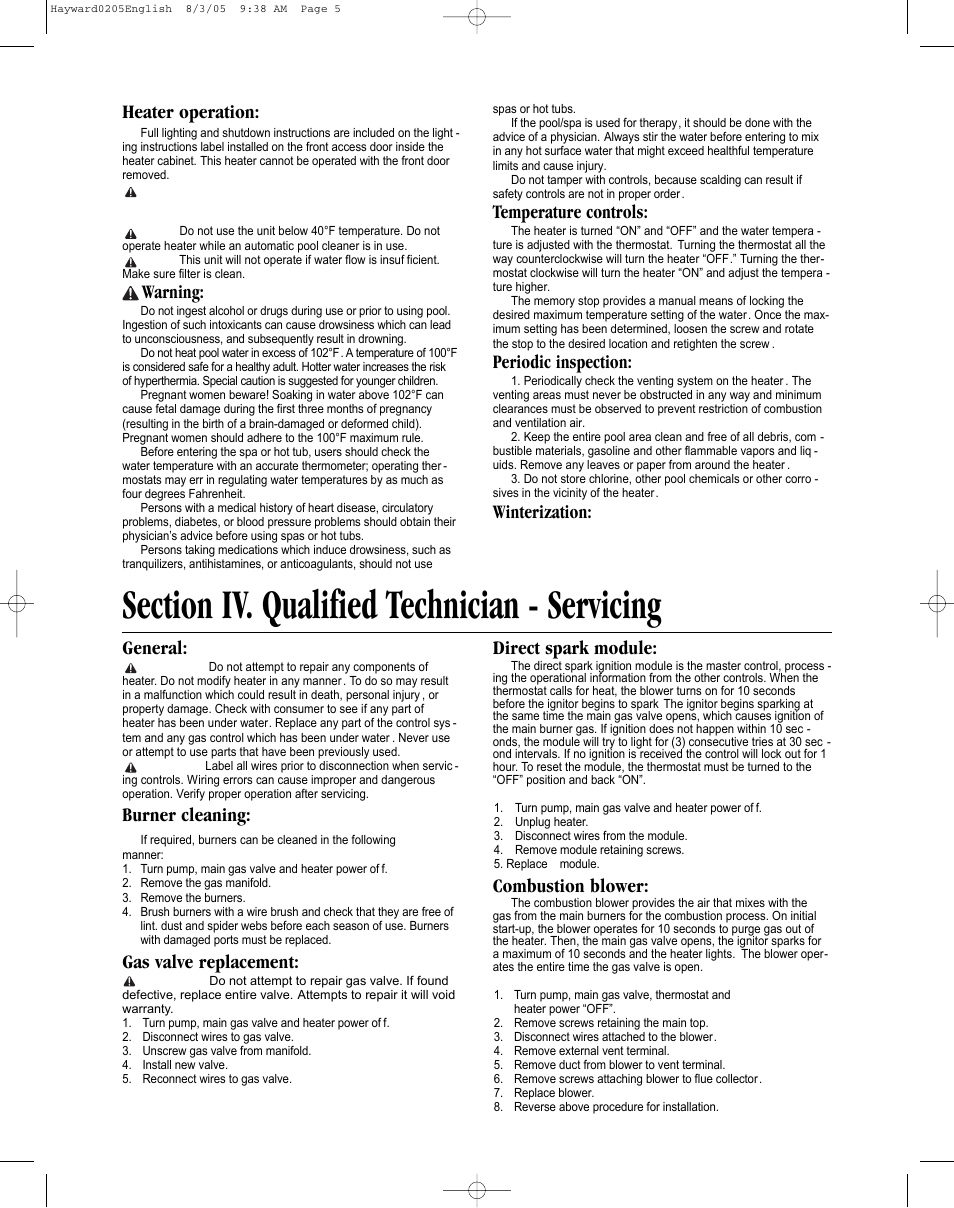General, Burner cleaning, Gas valve replacement | Direct spark module, Combustion blower, Heater operation, Warning, Temperature controls, Periodic inspection, Winterization | Hayward Pools ABG1001 User Manual | Page 5 / 8