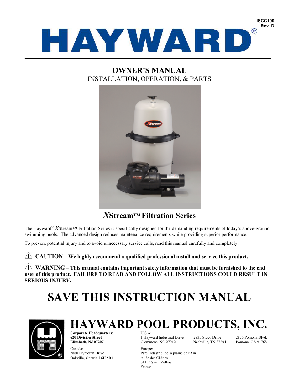 Hayward Pools XSTREAM ISCC100 User Manual | 10 pages
