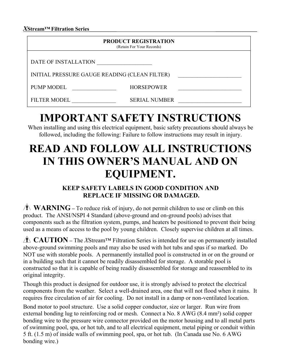 Important safety instructions, Warning, Caution | Hayward Pools XSTREAM ISCC100 User Manual | Page 2 / 10