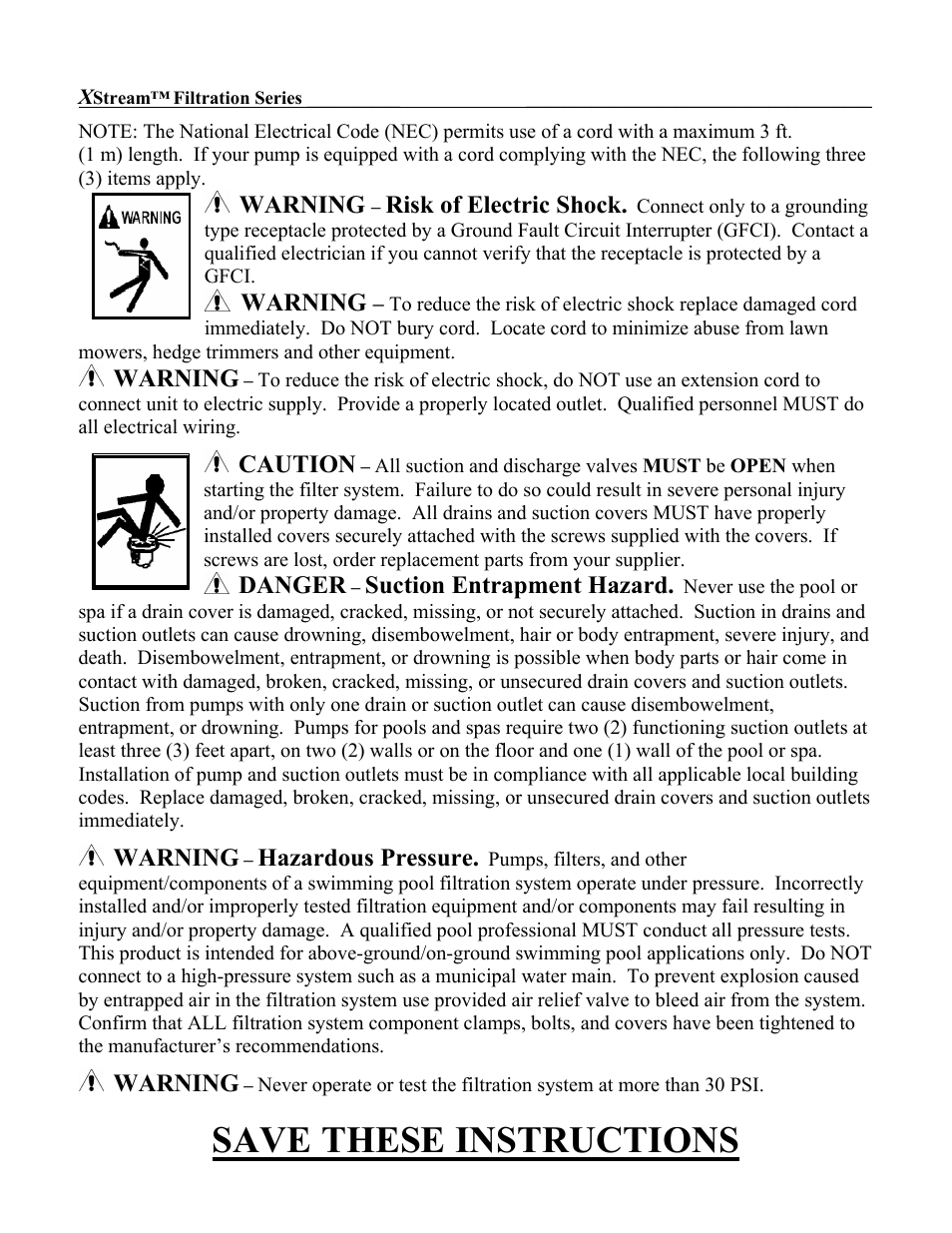 Save these instructions, Warning, Risk of electric shock | Caution, Danger, Suction entrapment hazard, Hazardous pressure | Hayward Pools XSTREAM ISCC100 User Manual | Page 3 / 10