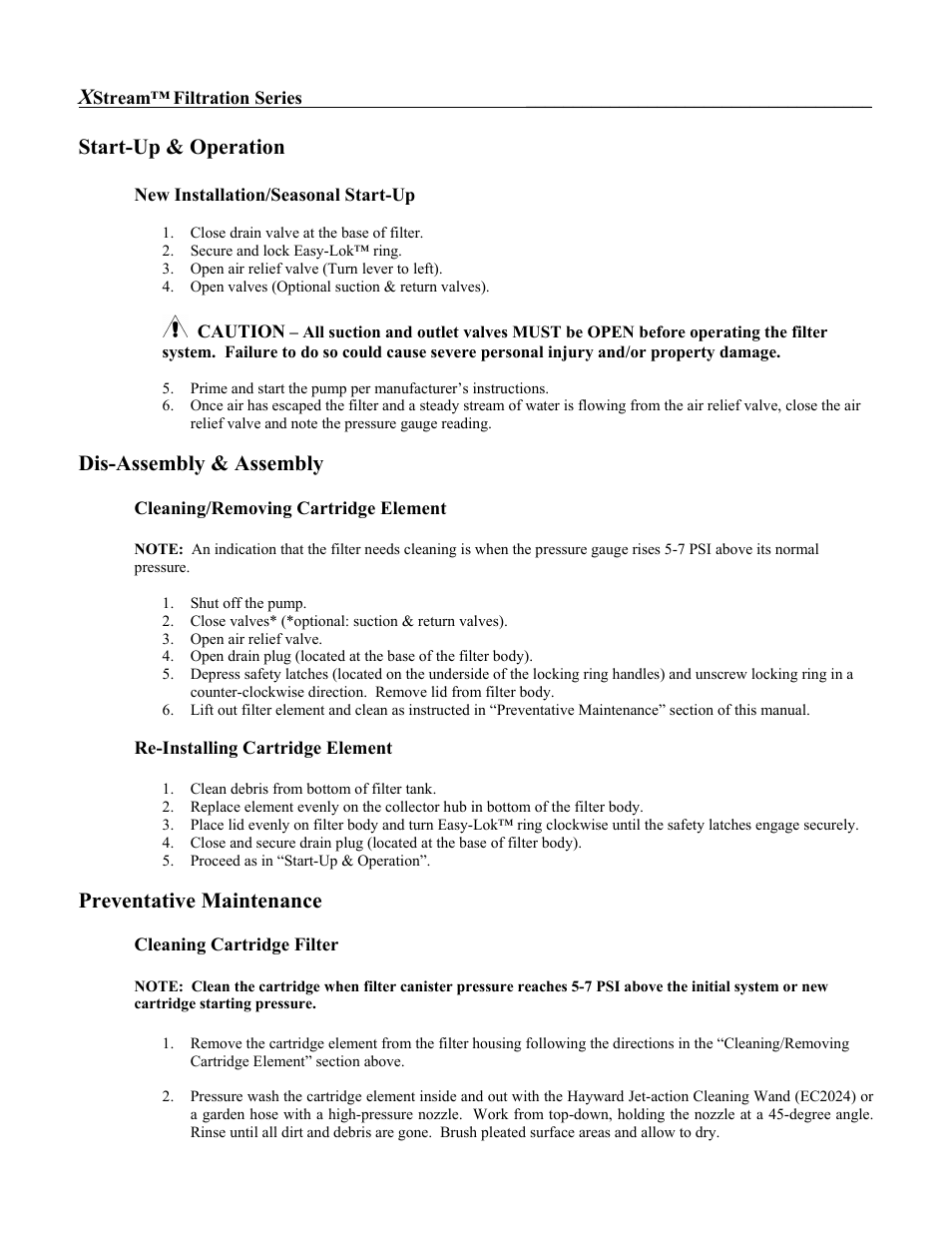 Start-up & operation, Dis-assembly & assembly, Preventative maintenance | Hayward Pools XSTREAM ISCC100 User Manual | Page 6 / 10