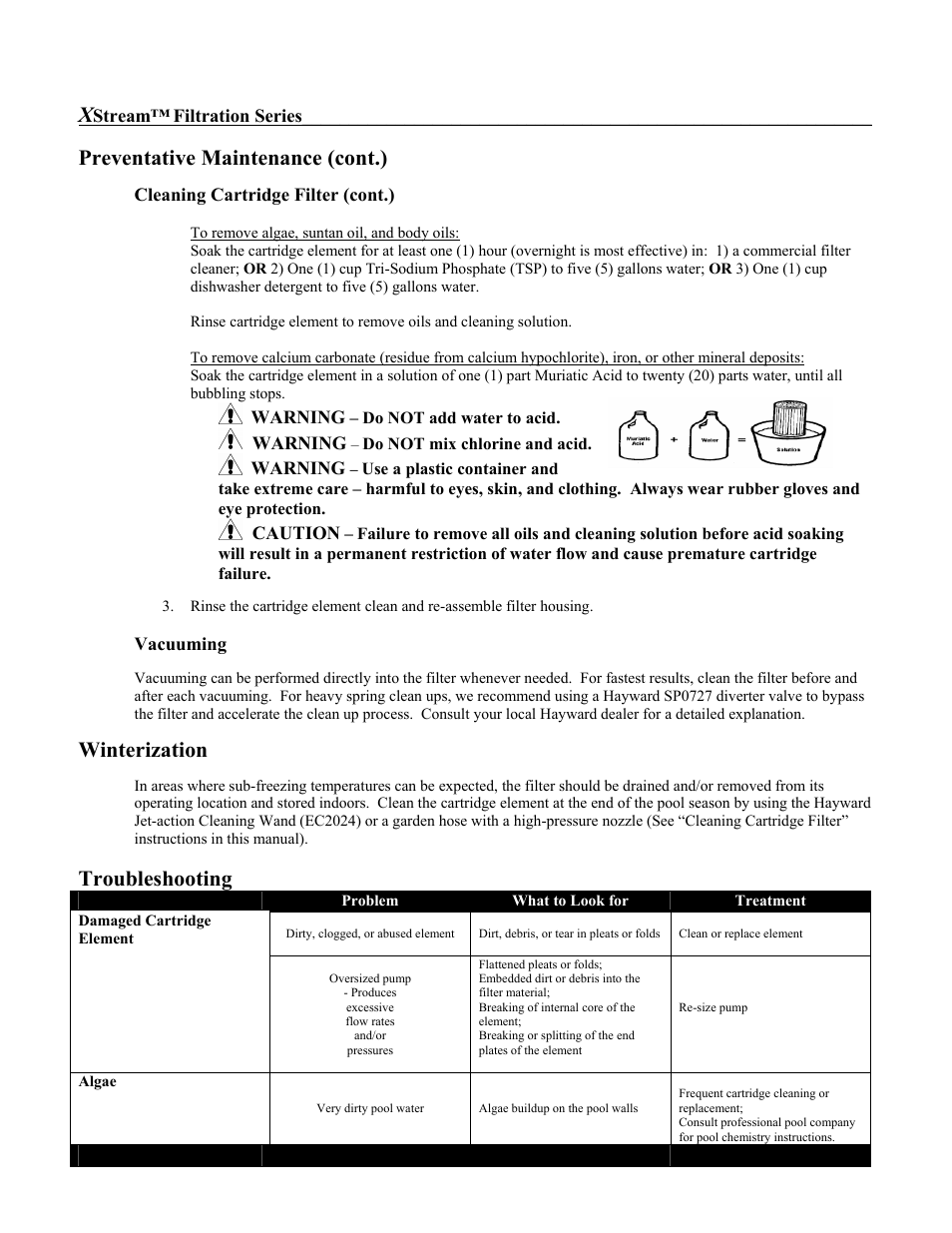 Preventative maintenance (cont.), Winterization, Troubleshooting | Hayward Pools XSTREAM ISCC100 User Manual | Page 7 / 10