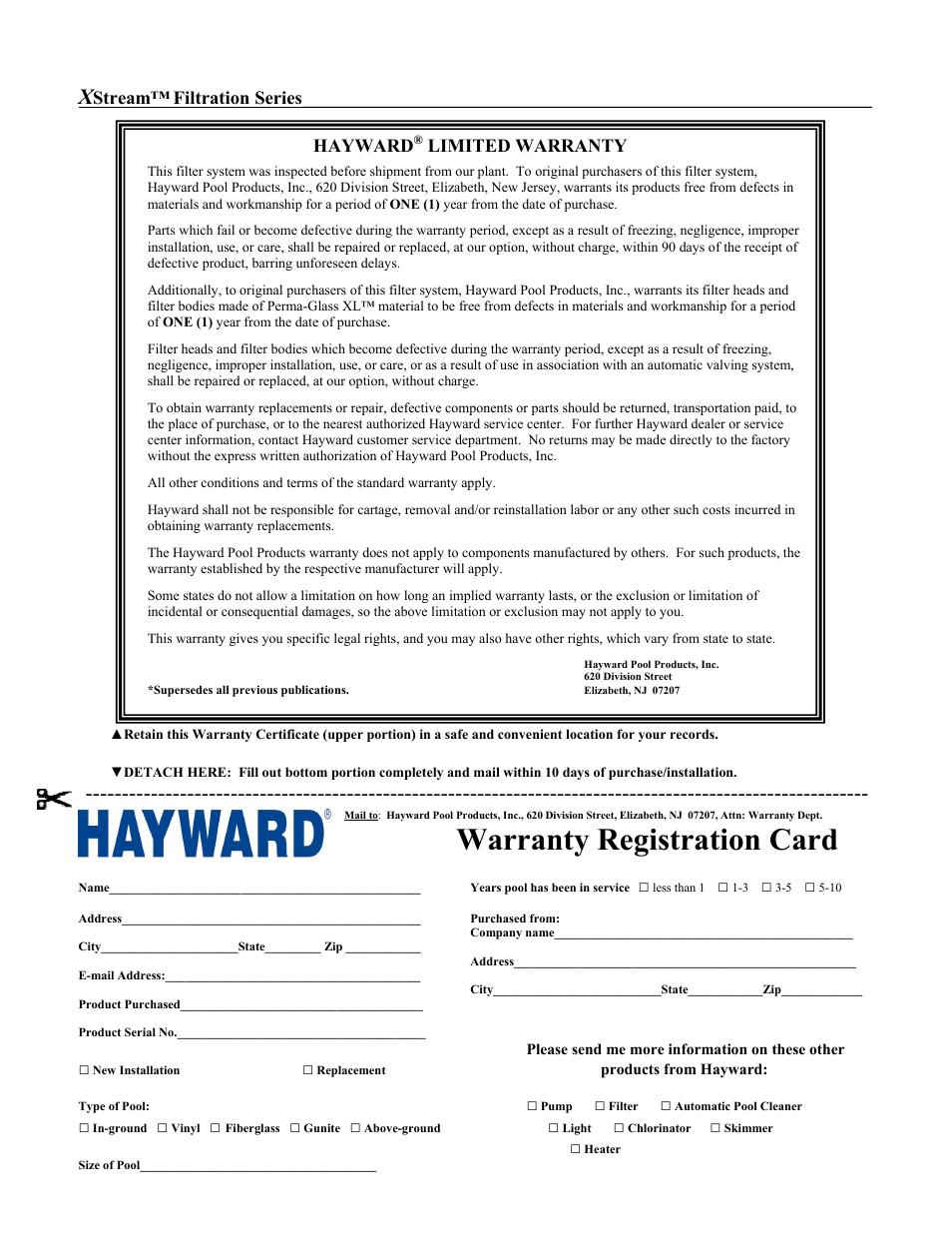 Warranty registration card, Stream, Filtration series | Hayward, Limited warranty | Hayward Pools XSTREAM ISCC100 User Manual | Page 9 / 10