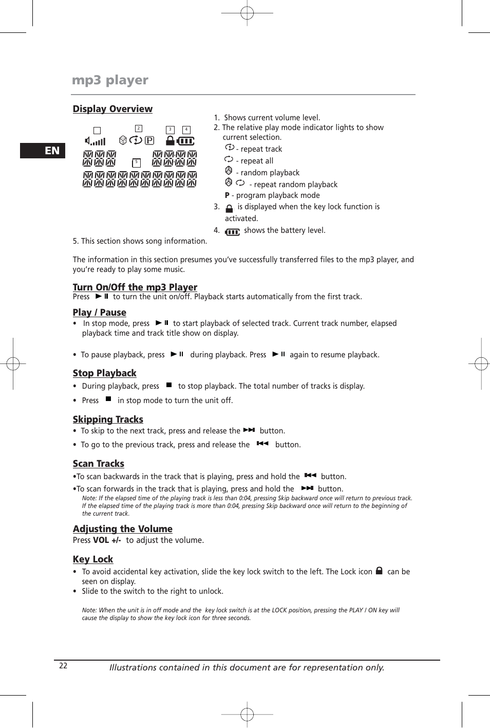 Mp3 player, Display overview, Turn on/off the mp3 player | Play / pause, Stop playback, Skipping tracks, Scan tracks, Adjusting the volume, Key lock | Home Theater Direct RTD209 User Manual | Page 24 / 37