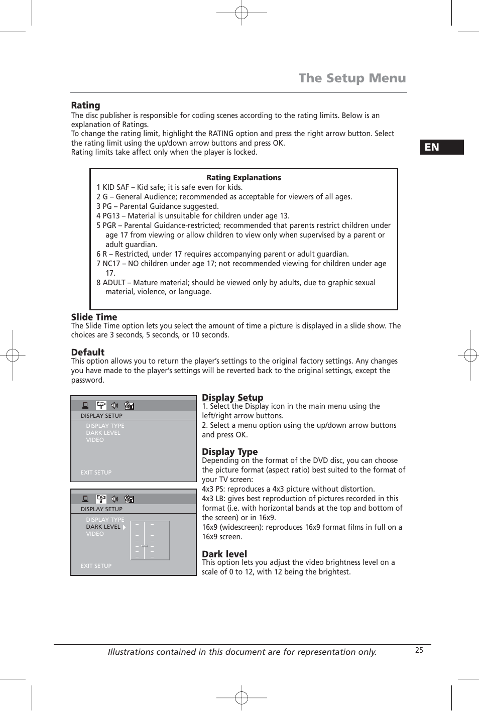 The setup menu, Rating, Slide time | Default, Display setup, Display type, Dark level | Home Theater Direct RTD209 User Manual | Page 27 / 37