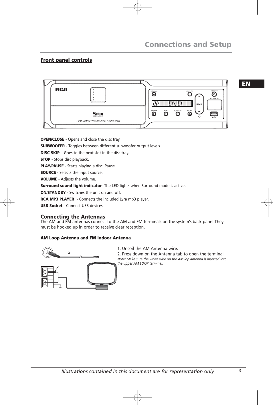 Connections and setup, Front panel controls, Connecting the antennas | Home Theater Direct RTD209 User Manual | Page 5 / 37