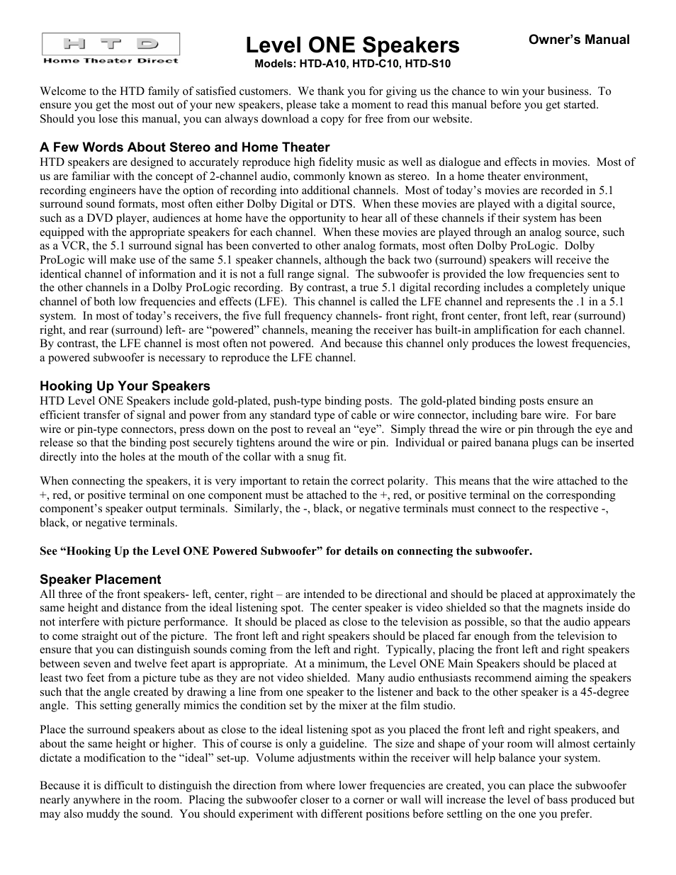 Home Theater Direct HTD-A10 User Manual | 4 pages