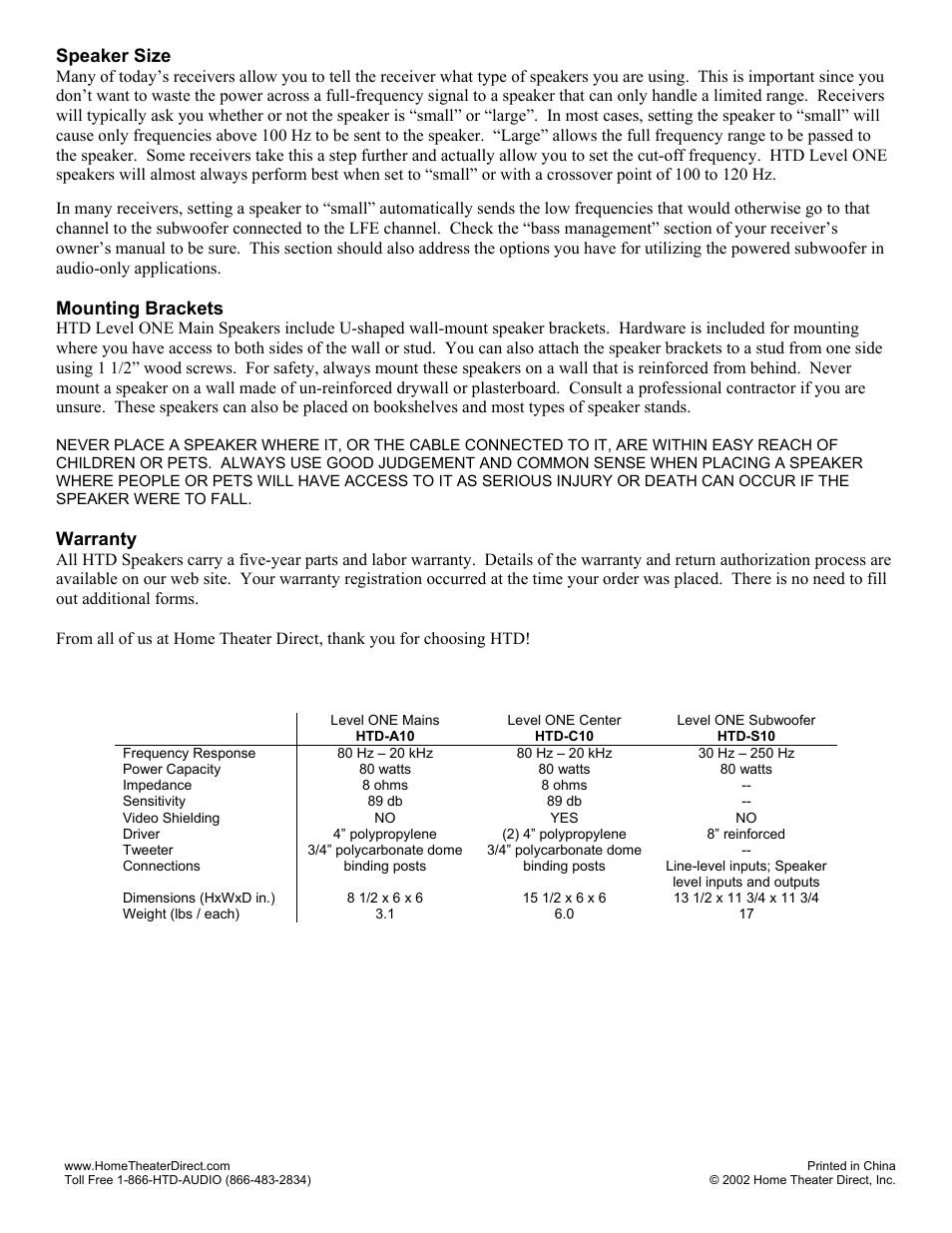 Speaker size, Mounting brackets, Warranty | Home Theater Direct HTD-A10 User Manual | Page 2 / 4