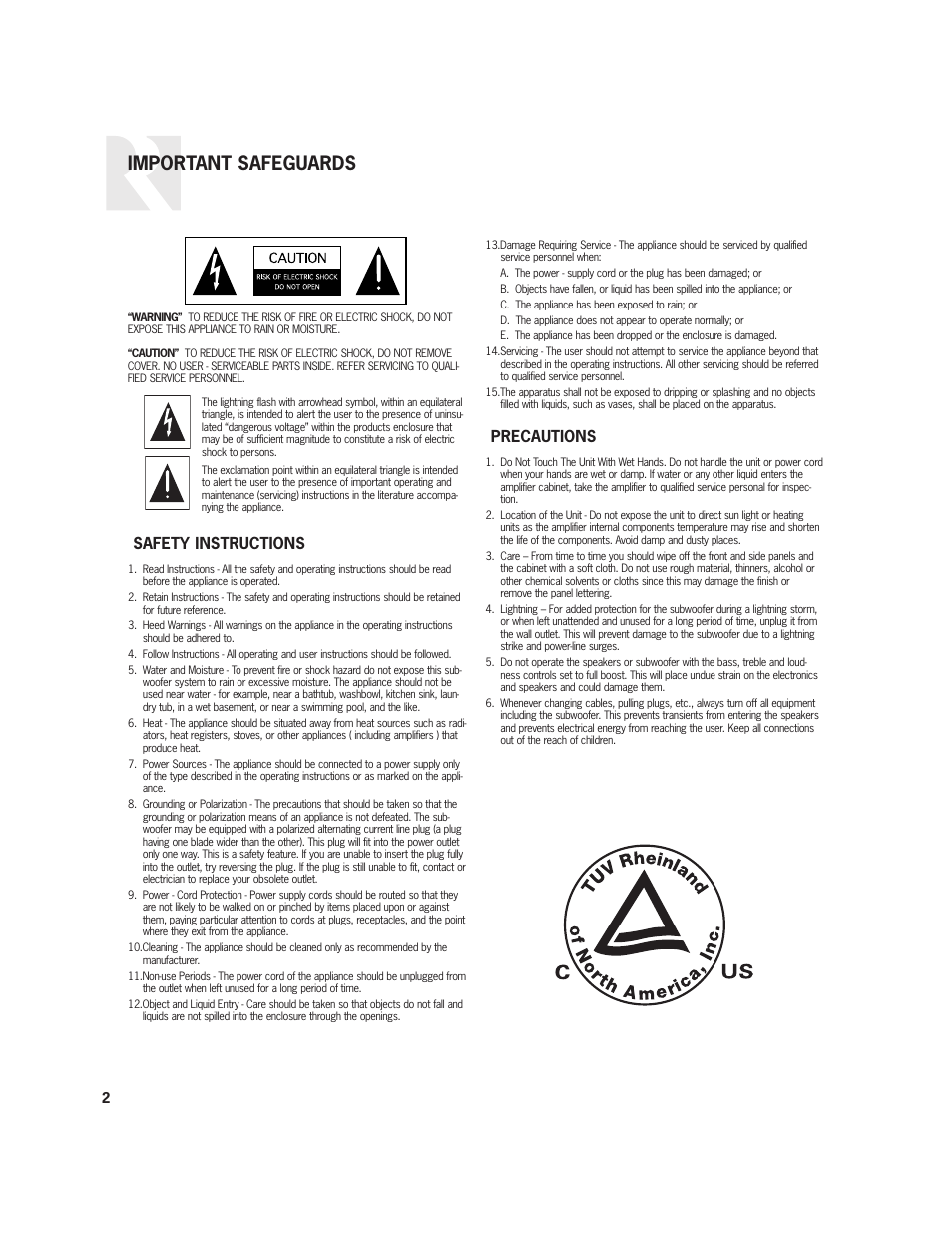 Important safeguards, Safety instructions, Precautions | Home Theater Direct R8DT User Manual | Page 2 / 8